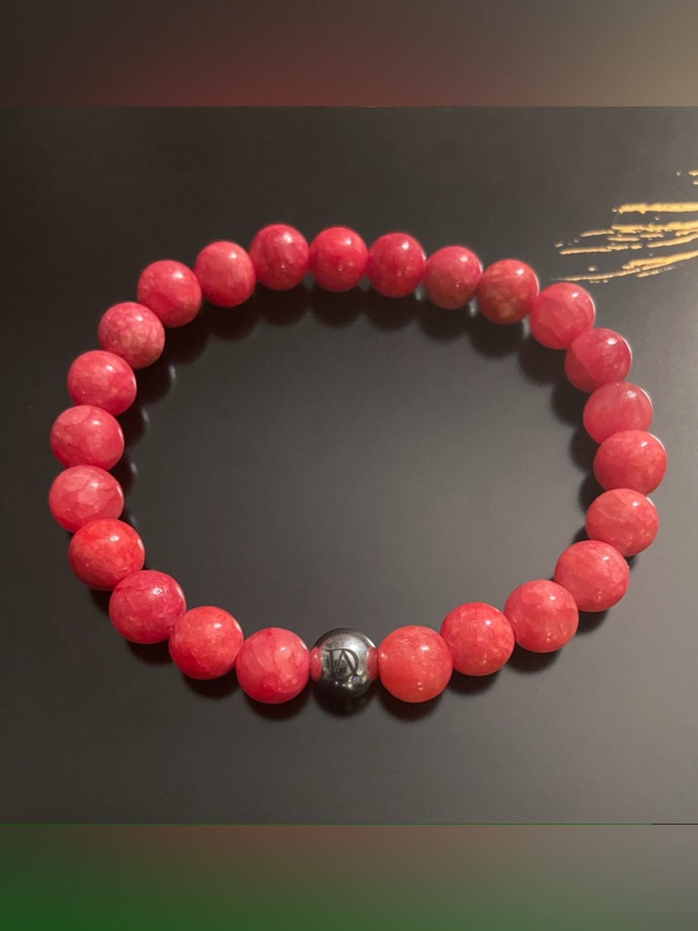 8mm Dark Pink Quartz Beaded Stretch Bracelet with Steel Accent